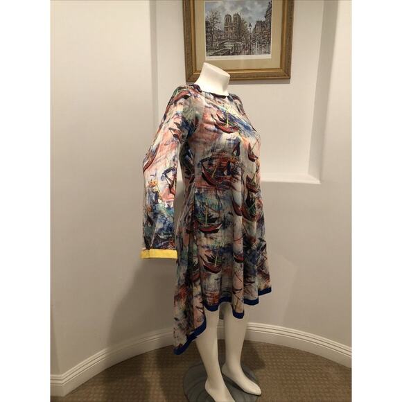 Aftican Design Trish O. Couture High-Low Long  Bell Sleeve Marine Print Dress - Picture 4 of 14